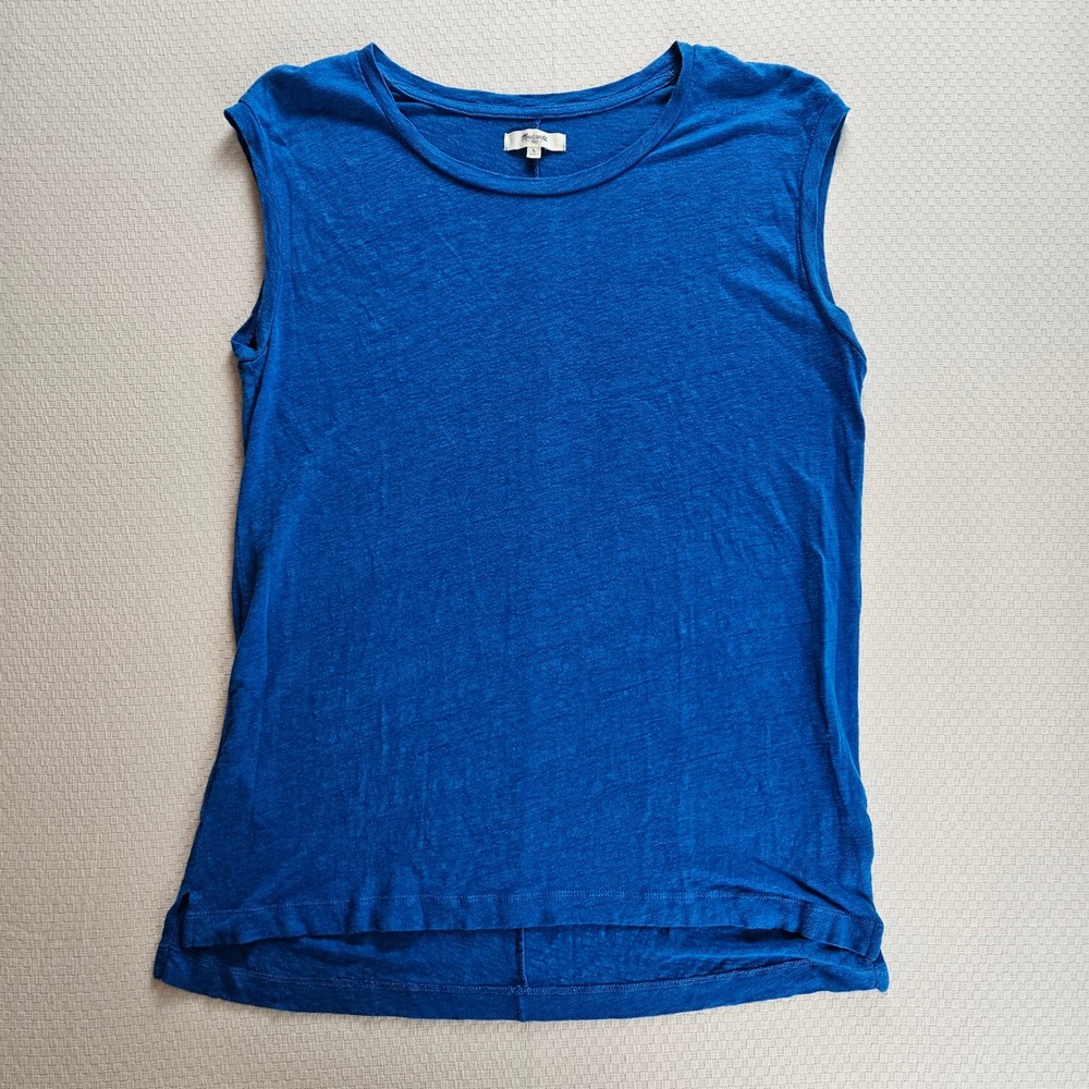 Madewell 100% Linen Sleeveless Muscle Tee Cobalt Blue Crew Neck Tank Top Women L